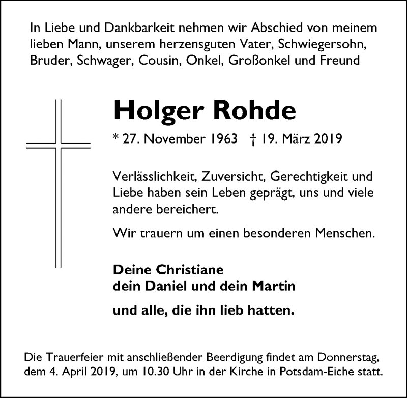  Traueranzeige für Holger Rohde vom 23.03.2019 aus Märkischen Allgemeine Zeitung
