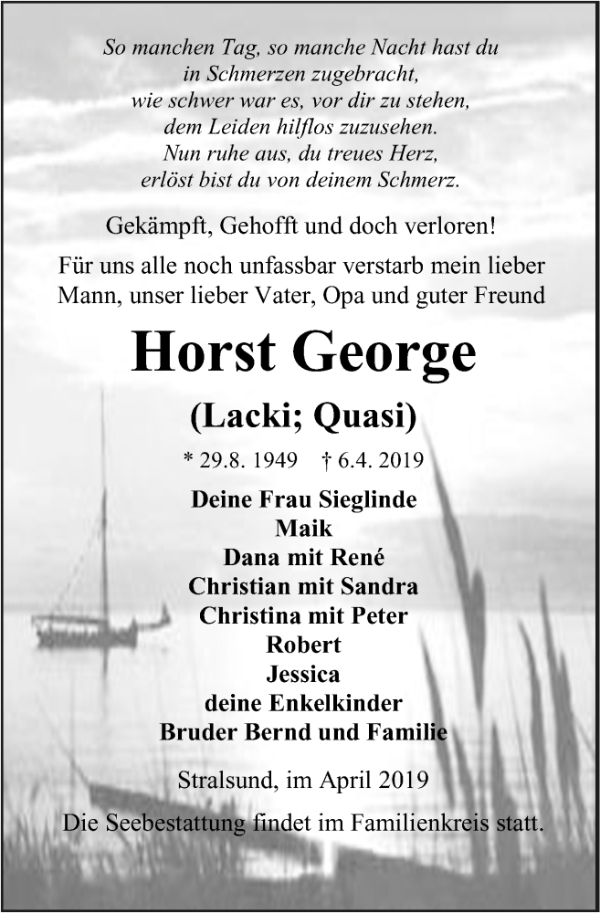  Traueranzeige für Horst George vom 13.04.2019 aus Ostsee-Zeitung GmbH