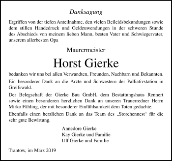 Traueranzeige von Horst Gierke von Ostsee-Zeitung GmbH