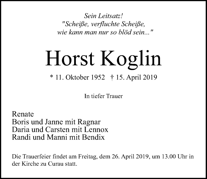  Traueranzeige für Horst Koglin vom 21.04.2019 aus Lübecker Nachrichten