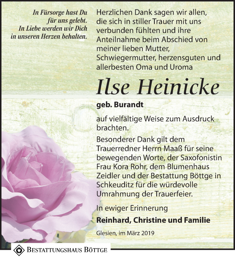  Traueranzeige für Ilse Heinicke vom 06.04.2019 aus Leipziger Volkszeitung