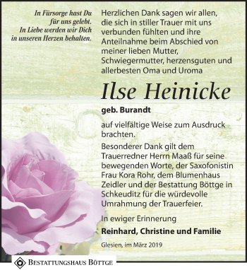 Traueranzeige von Ilse Heinicke von Leipziger Volkszeitung