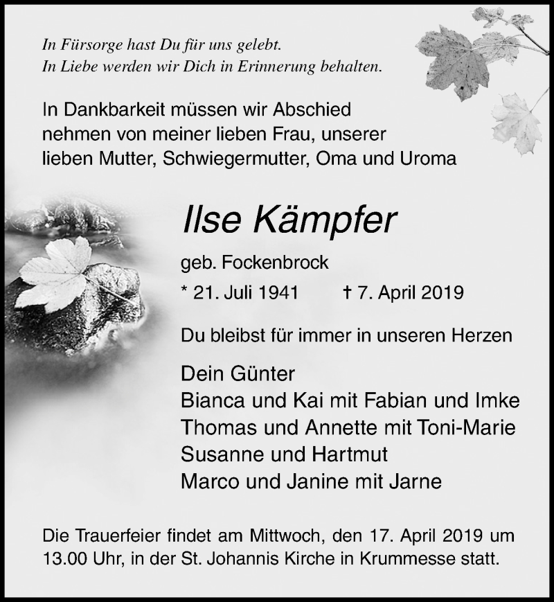  Traueranzeige für Ilse Kämpfer vom 14.04.2019 aus Lübecker Nachrichten