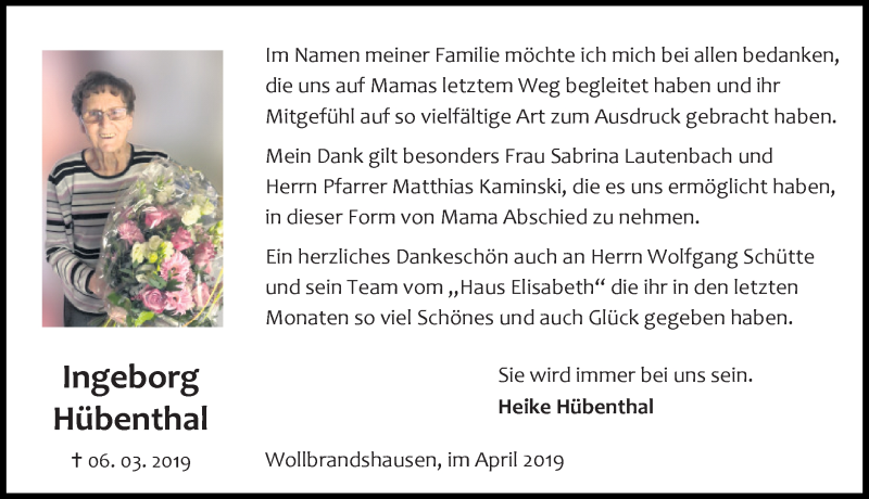  Traueranzeige für Ingeborg Hübenthal vom 06.04.2019 aus Eichsfelder Tageblatt