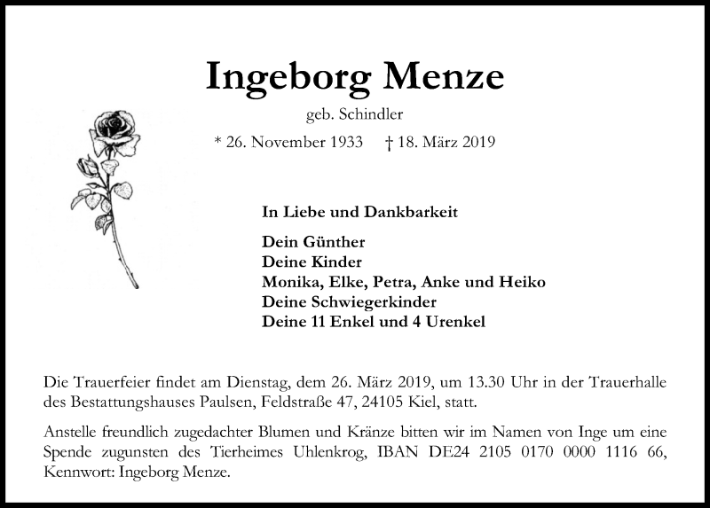  Traueranzeige für Ingeborg Menze vom 23.03.2019 aus Kieler Nachrichten
