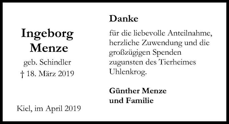  Traueranzeige für Ingeborg Menze vom 13.04.2019 aus Kieler Nachrichten
