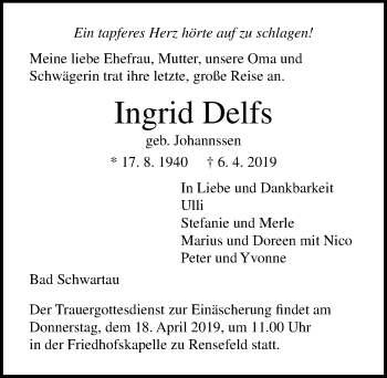 Traueranzeige von Ingrid Delfs von Lübecker Nachrichten