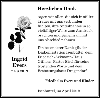 Traueranzeige von Ingrid Evers von Aller Zeitung