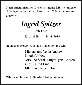 Traueranzeige von Ingrid Spitzer von Lübecker Nachrichten