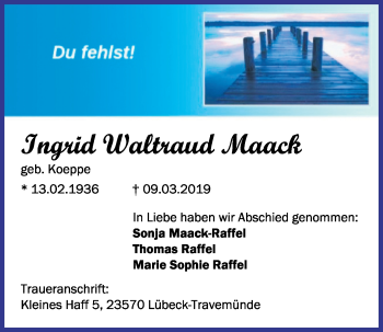 Traueranzeige von Ingrid Waltraud Maack von Kieler Nachrichten