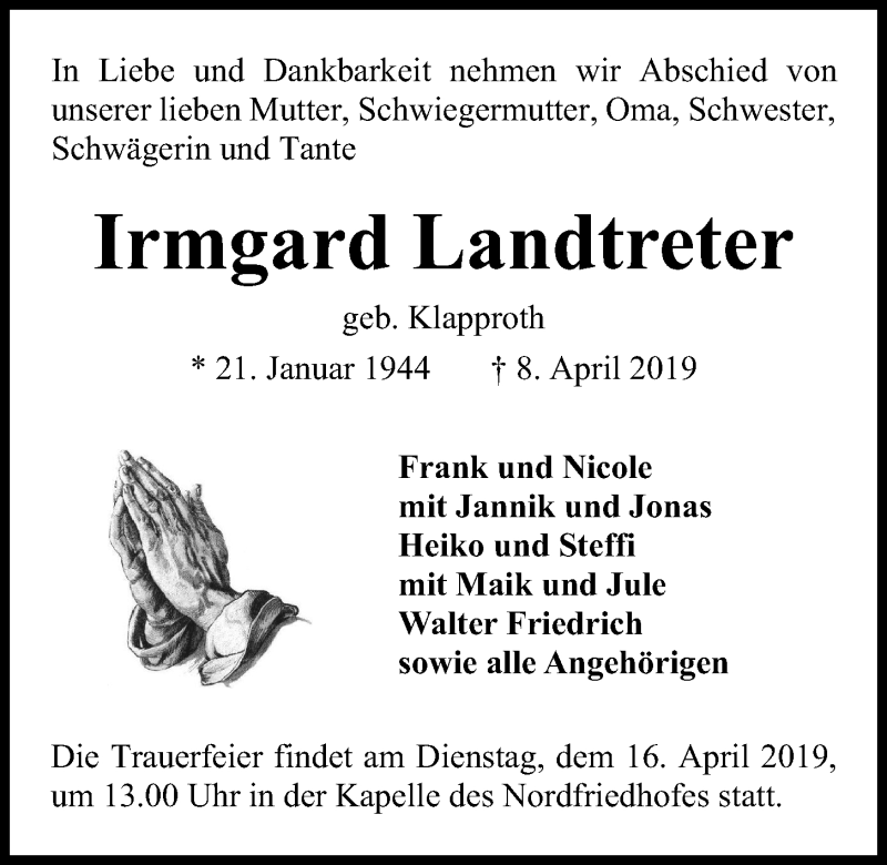 Traueranzeige für Irmgard Landtreter vom 13.04.2019 aus Kieler Nachrichten
