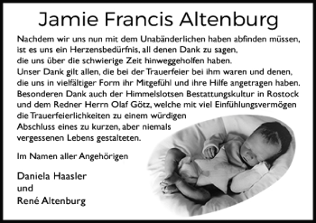 Traueranzeige von Jamie Francis Altenburg von Ostsee-Zeitung GmbH