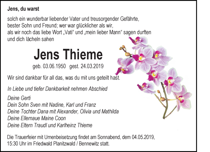  Traueranzeige für Jens Thieme vom 13.04.2019 aus Leipziger Volkszeitung