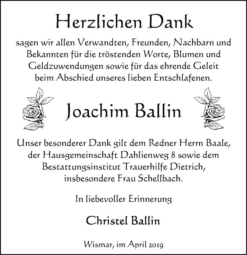  Traueranzeige für Joachim Ballin vom 06.04.2019 aus Ostsee-Zeitung GmbH