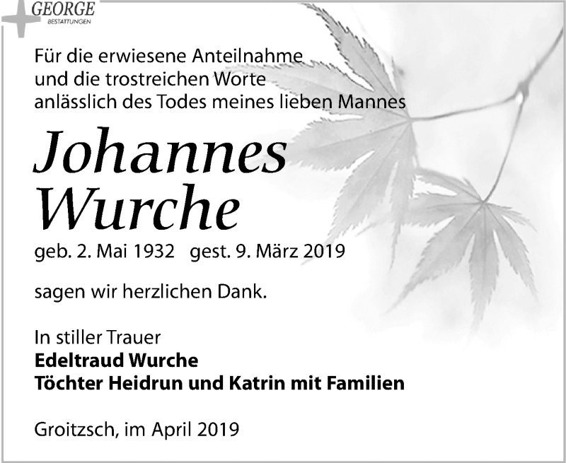  Traueranzeige für Johannes Wurche vom 13.04.2019 aus Leipziger Volkszeitung