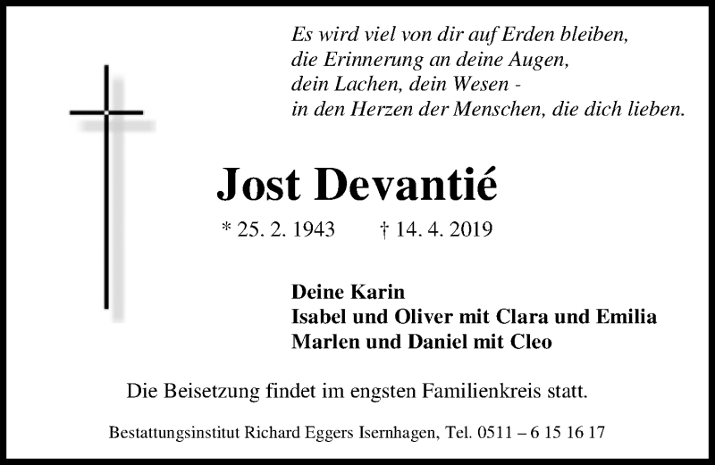  Traueranzeige für Jost Devantié vom 20.04.2019 aus Hannoversche Allgemeine Zeitung/Neue Presse