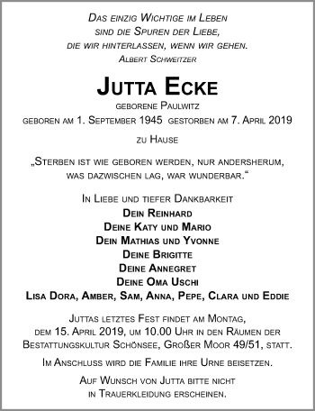 Traueranzeige von Jutta Ecke von Ostsee-Zeitung GmbH
