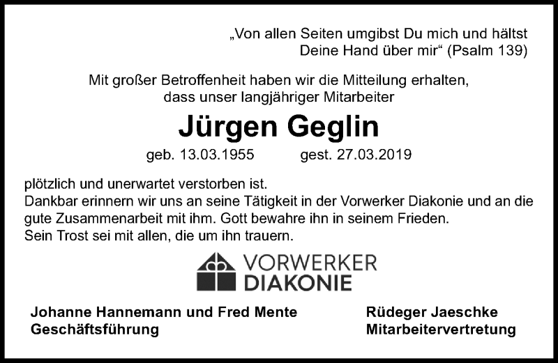  Traueranzeige für Jürgen Geglin vom 07.04.2019 aus Lübecker Nachrichten