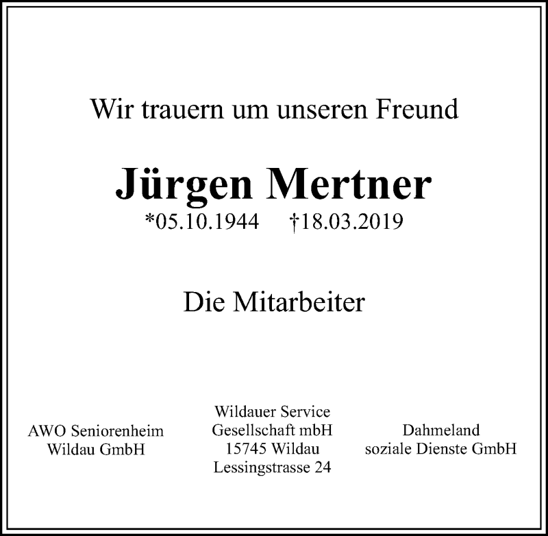  Traueranzeige für Jürgen Mertner vom 22.03.2019 aus Märkischen Allgemeine Zeitung