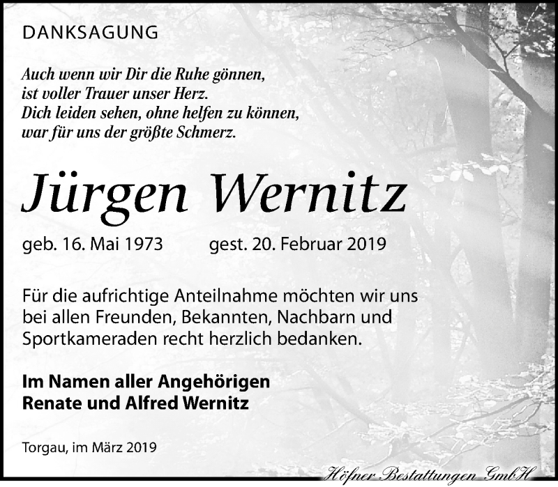  Traueranzeige für Jürgen Wernitz vom 06.04.2019 aus Torgauer Zeitung