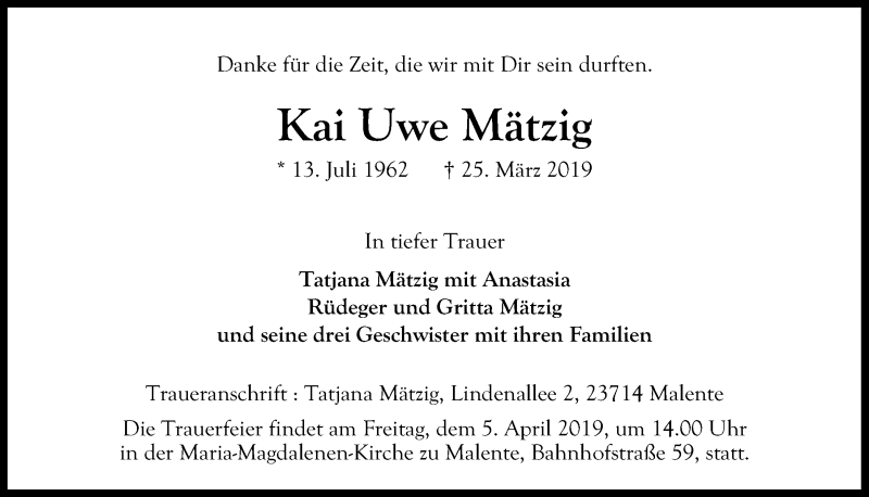  Traueranzeige für Kai Uwe Mätzig vom 03.04.2019 aus Kieler Nachrichten