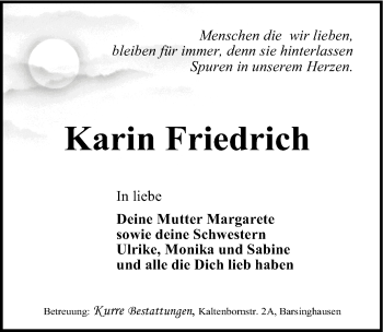 Traueranzeige von Karin Friedrich von Hannoversche Allgemeine Zeitung/Neue Presse