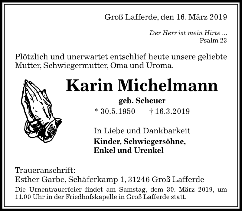  Traueranzeige für Karin Michelmann vom 23.03.2019 aus Peiner Allgemeine Zeitung