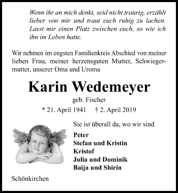 Traueranzeige von Karin Wedemeyer von Kieler Nachrichten