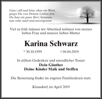 Traueranzeige von Karina Schwarz von Märkischen Allgemeine Zeitung