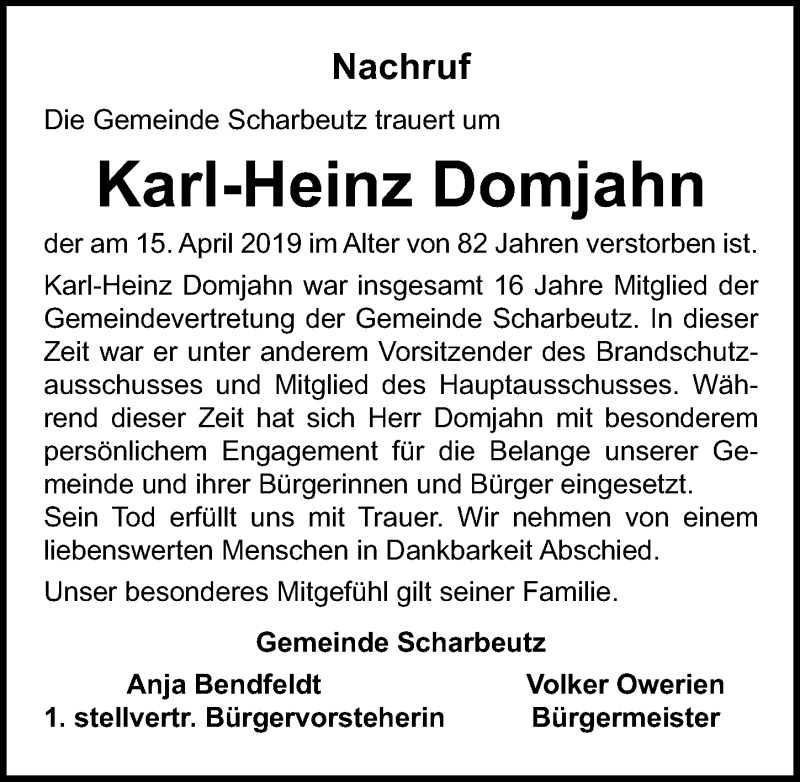  Traueranzeige für Karl-Heinz Domjahn vom 26.04.2019 aus Lübecker Nachrichten