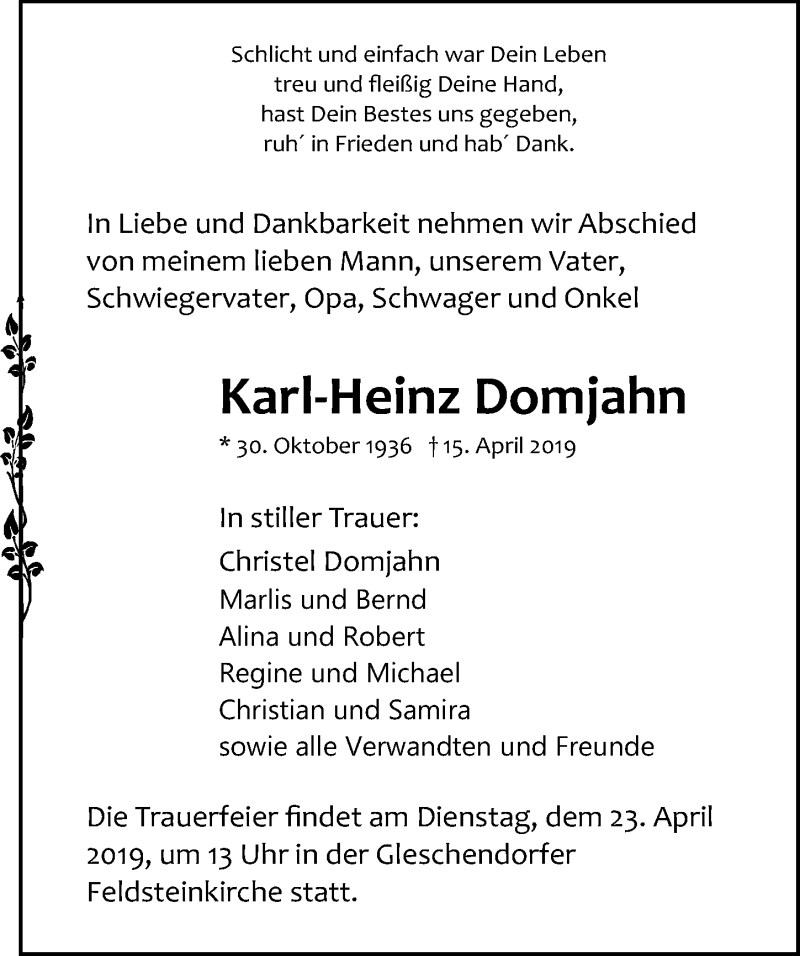  Traueranzeige für Karl-Heinz Domjahn vom 21.04.2019 aus Lübecker Nachrichten