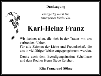 Traueranzeige von Karl-Heinz Franz von Märkischen Allgemeine Zeitung
