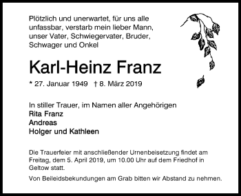 Traueranzeige von Karl-Heinz Franz von Märkischen Allgemeine Zeitung