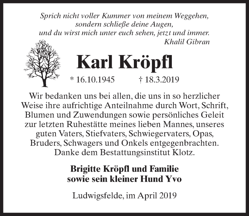  Traueranzeige für Karl Kröpfl vom 13.04.2019 aus Märkischen Allgemeine Zeitung