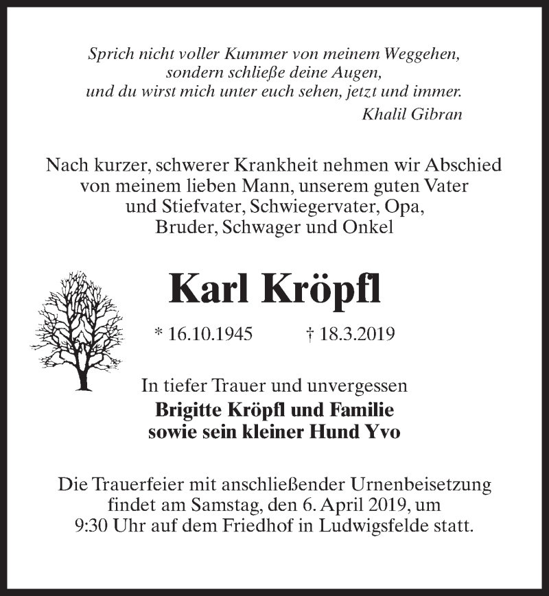  Traueranzeige für Karl Kröpfl vom 23.03.2019 aus Märkischen Allgemeine Zeitung