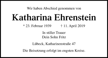 Traueranzeige von Katharina Ehrenstein von Lübecker Nachrichten