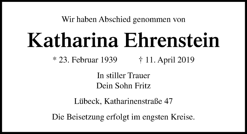  Traueranzeige für Katharina Ehrenstein vom 21.04.2019 aus Lübecker Nachrichten