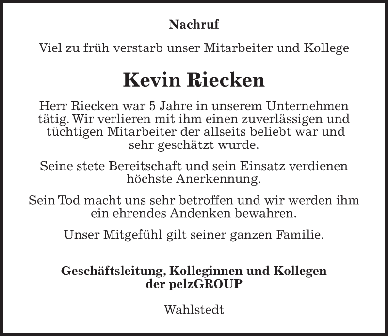  Traueranzeige für Kevin Riecken vom 27.04.2019 aus Kieler Nachrichten