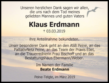 Traueranzeige von Klaus Erdmann von Peiner Allgemeine Zeitung