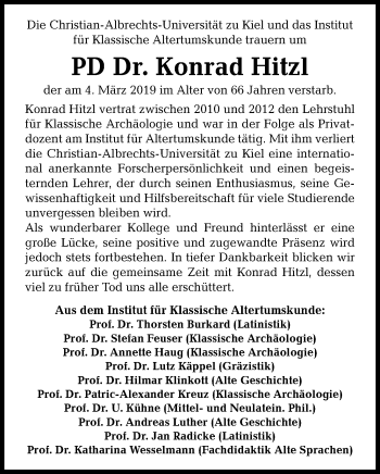 Traueranzeige von Konrad Hitzl von Kieler Nachrichten