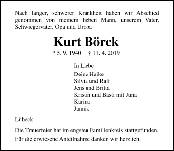 Traueranzeige von Kurt Börck von Lübecker Nachrichten