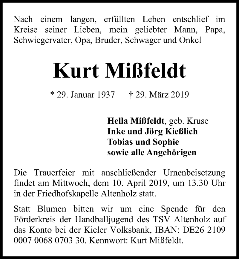  Traueranzeige für Kurt Mißfeldt vom 06.04.2019 aus Kieler Nachrichten