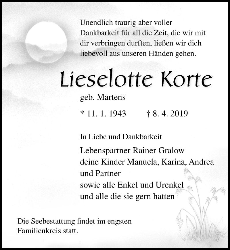  Traueranzeige für Lieselotte Korte vom 13.04.2019 aus Ostsee-Zeitung GmbH
