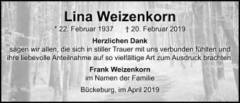 Traueranzeige von Lina Weizenkorn von Schaumburger Nachrichten