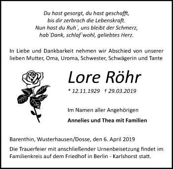 Traueranzeige von Lore Röhr von Märkischen Allgemeine Zeitung
