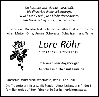 Traueranzeige von Lore Röhr