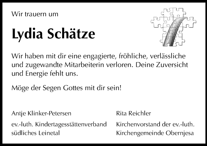  Traueranzeige für Lydia Schätze vom 13.04.2019 aus Göttinger Tageblatt