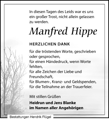 Traueranzeige von Manfred Hippe von Leipziger Volkszeitung