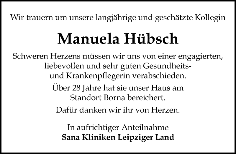  Traueranzeige für Manuela Hübsch vom 27.04.2019 aus Leipziger Volkszeitung