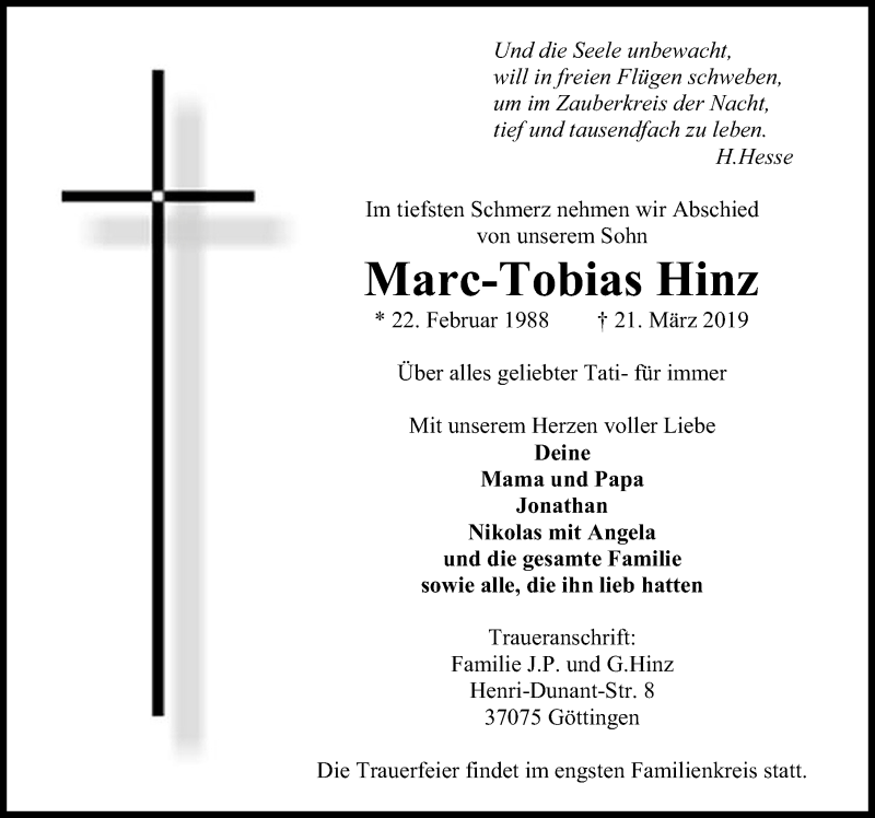  Traueranzeige für Marc-Tobias Hinz vom 13.04.2019 aus Göttinger Tageblatt